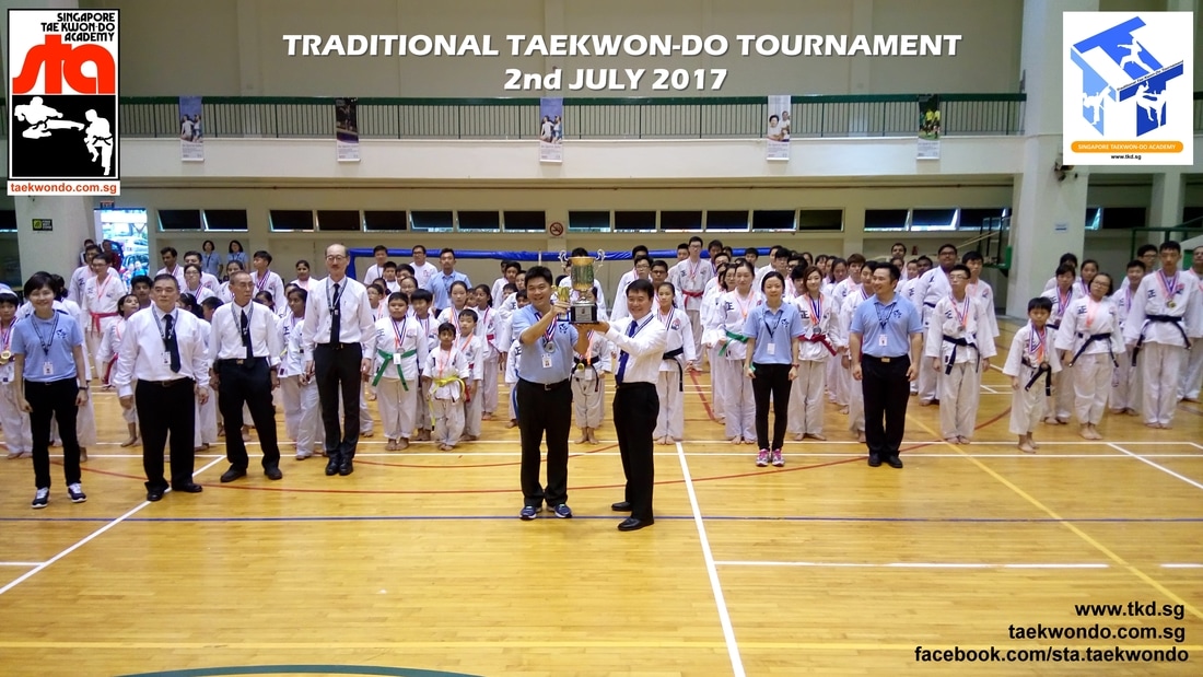 Grandmaster BS HUAN Challenge Trophy awarded to Champion Club Compassvale Aspella, Singapore Taekwon-do Academy