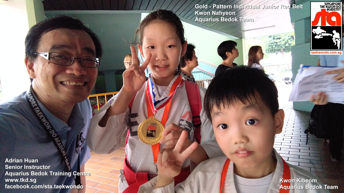 Kwon Nahyeon won Gold medal Best Patterns Hyung Tul Teul Competition Tournament Head Instructor Adrian Huan Kids Children Self Defence Martial Arts Aquarius Bedok Reservoir Tampines East Coast Club School Singapore Taekwon-do Academy HQ Traditional Taekwondo STA TKD SG