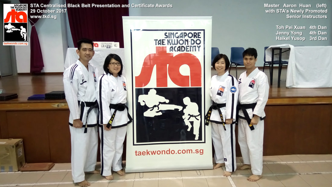 Aaron Huan Toh Pei Xuan Jenny Yong Haikel Yusop Senior Instructor Black Belt Grading 4th Dan 3rd Dan 29 Oct 2017 STA New Promoted Singapore Taekwon-do Academy HQ Taekwondo TKD SG