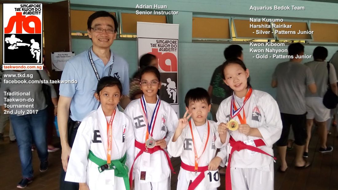 Harshita Rairikar won Silver Kwon Nahyeon won Gold Best Patterns Hyung Tul Teul Competition Tournament Head Coach Adrian Huan Kids Children Self Defence Martial Arts Aquarius Bedok Reservoir Tampines Club School Singapore Taekwon-do Academy HQ Traditional Taekwondo STA TKD SG